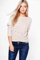 Boohoo Eva Embellished Front Fine Knit Jumper Cream