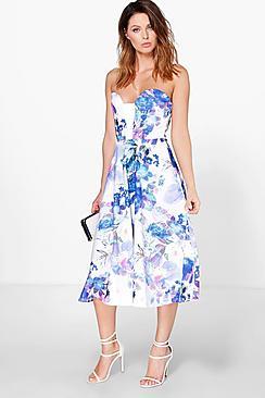 Boohoo Aida Digital Print Sweetheart Bandeau Skater Dress
