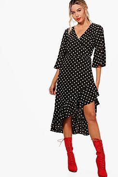 Boohoo Jackie Fluted Sleeve Wrap Ruffle Hem Tea Dress