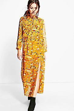 Boohoo Nichole Tie Neck Printed Maxi Dress