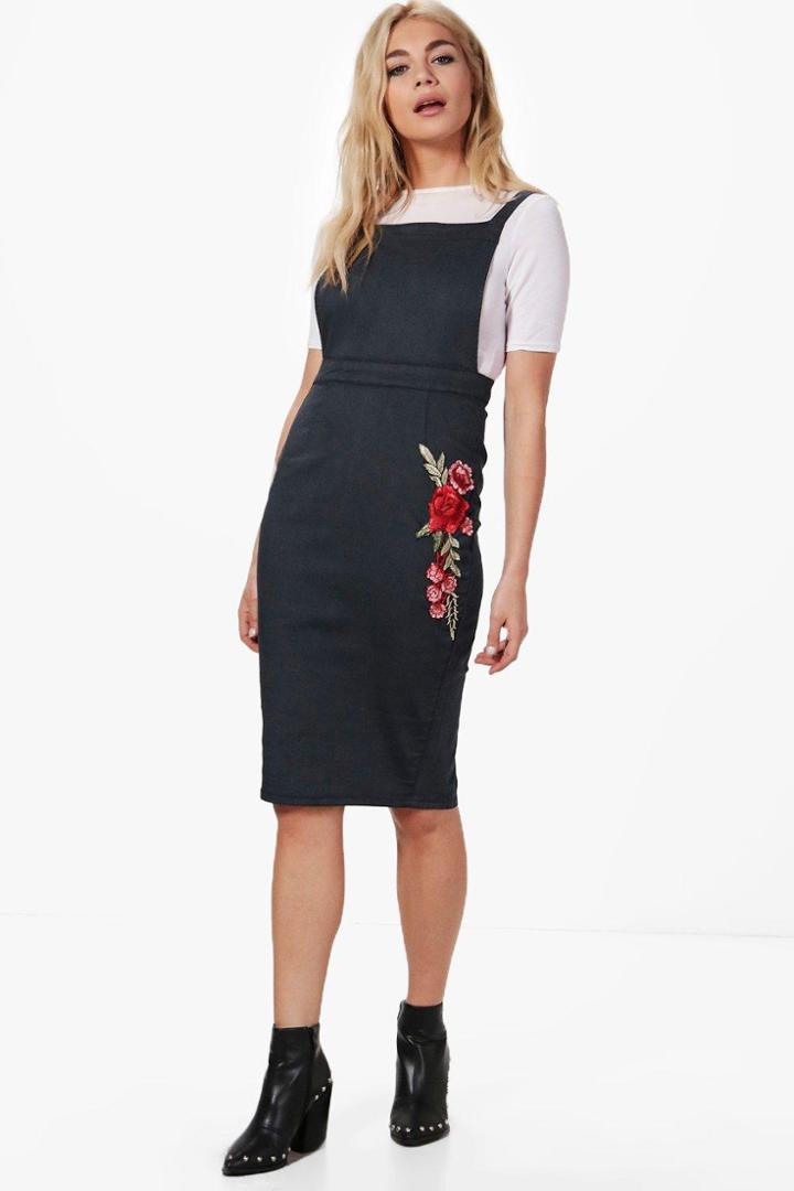 Boohoo Penelope Embroidery Bodycon Denim Dress Charcoal
