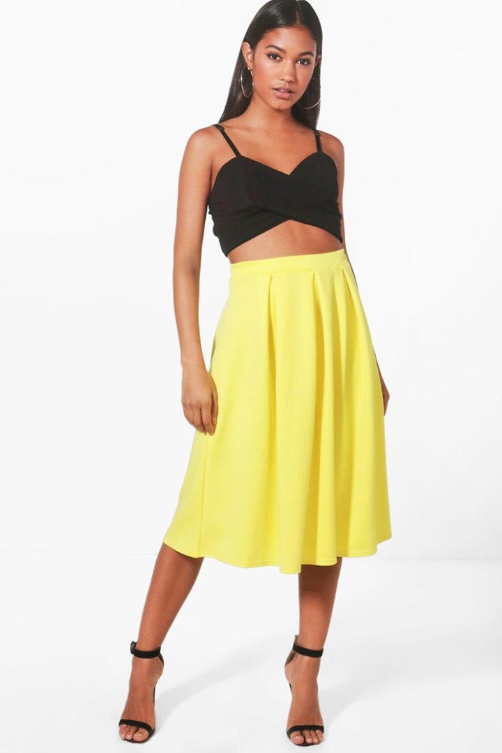 Boohoo Beau Box Pleat Midi Skater Skirt Yellow