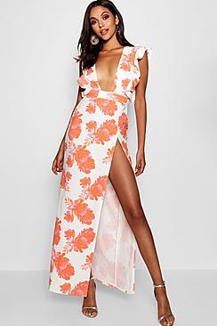 Boohoo Piper Floral Ruffle Plunge Maxi Dress