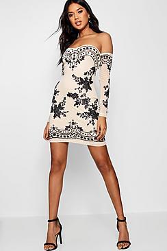 Boohoo Boutique Embellished Off Shoulder Dress
