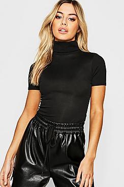 Boohoo Petite Rib Turtle Neck Short Sleeve Top
