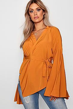 Boohoo Plus Wide Sleeve Wrap Tie Crop