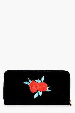 Boohoo Eliza Velvet Embroidered Zip Around Purse