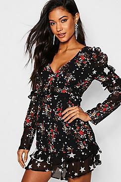 Boohoo Ruffle Detail Mixed Print Mini Dress