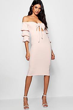 Boohoo Off The Shoulder Tie Front Midi Dress