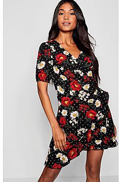 Boohoo Polka Dot Floral Ruffle Hem Tea Dress