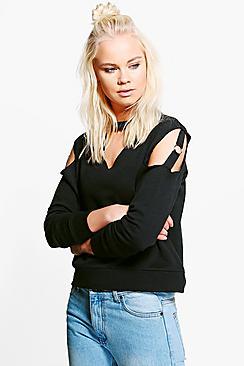 Boohoo Tia Ring Detail Cold Shoulder Choker Sweater