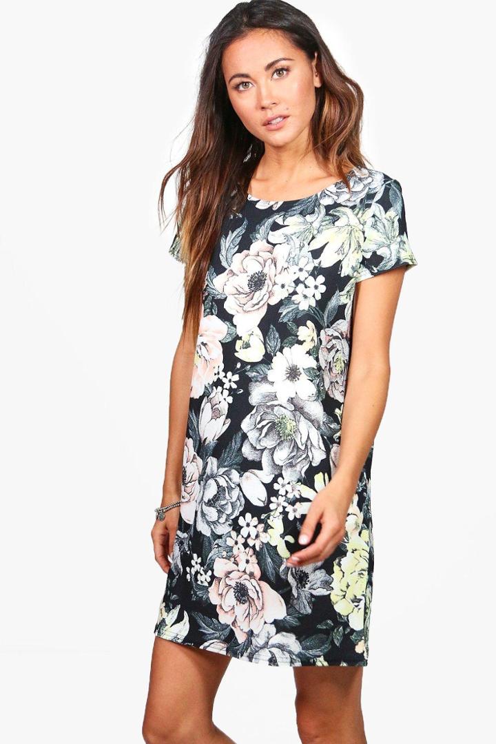 Boohoo Rosie Floral Cap Sleeve Shift Dress Multi