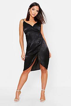Boohoo Satin Wrap Over Midi Dress