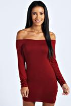 Boohoo Alice Off The Shoulder Long Sleeve Bodycon Dress Berry