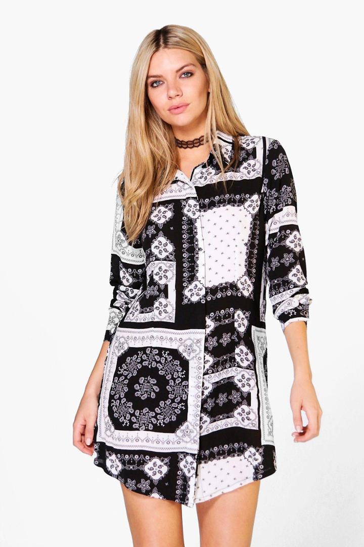 Boohoo Bianca Long Sleeve Paisley Shirt Dress Black