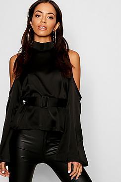 Boohoo Satin Cold Shoulder Belted Top