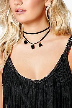 Boohoo Faye Black Pendant And Tassel Layered Choker