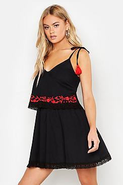 Boohoo Embroidered Pom Pom Trim Double Layer Smock Dress