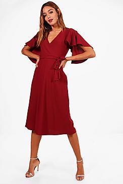Boohoo Emm Angel Sleeve Wrap Fornt Skater Dress