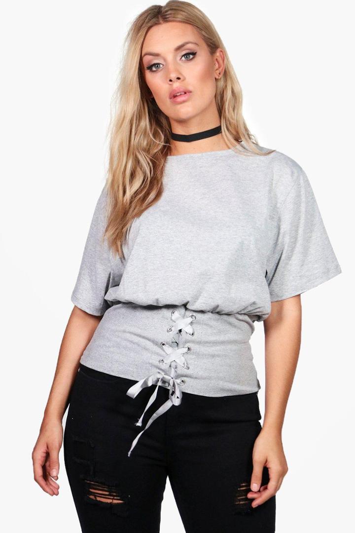 Boohoo Plus Emilie Lace Up Belted Bodice Tee Grey