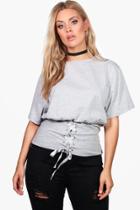 Boohoo Plus Emilie Lace Up Belted Bodice Tee Grey