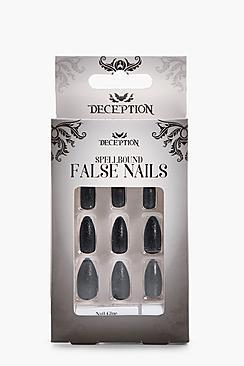 Boohoo Black Glitter 12 Pack Halloween False Nails Kit