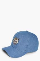 Boohoo Willow Embroidered Tiger Denim Cap Blue