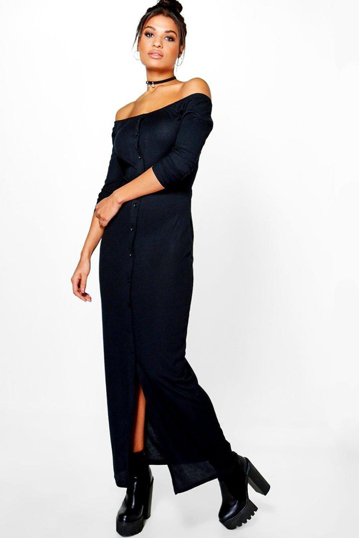 Boohoo Penny Rib Button Off Shoulder Maxi Dress Black