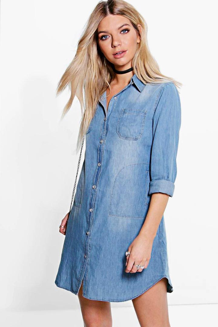 Boohoo Donna Button Through Denim Shirt Dress Blue