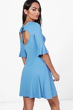 Boohoo Lace Up Detail Ruffle Skater Dress