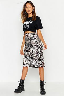 Boohoo Leopard Star Print Satin Wrap Midi Skirt