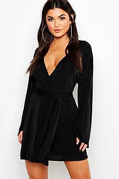 Boohoo Flared Sleeve Belted Slinky Dress