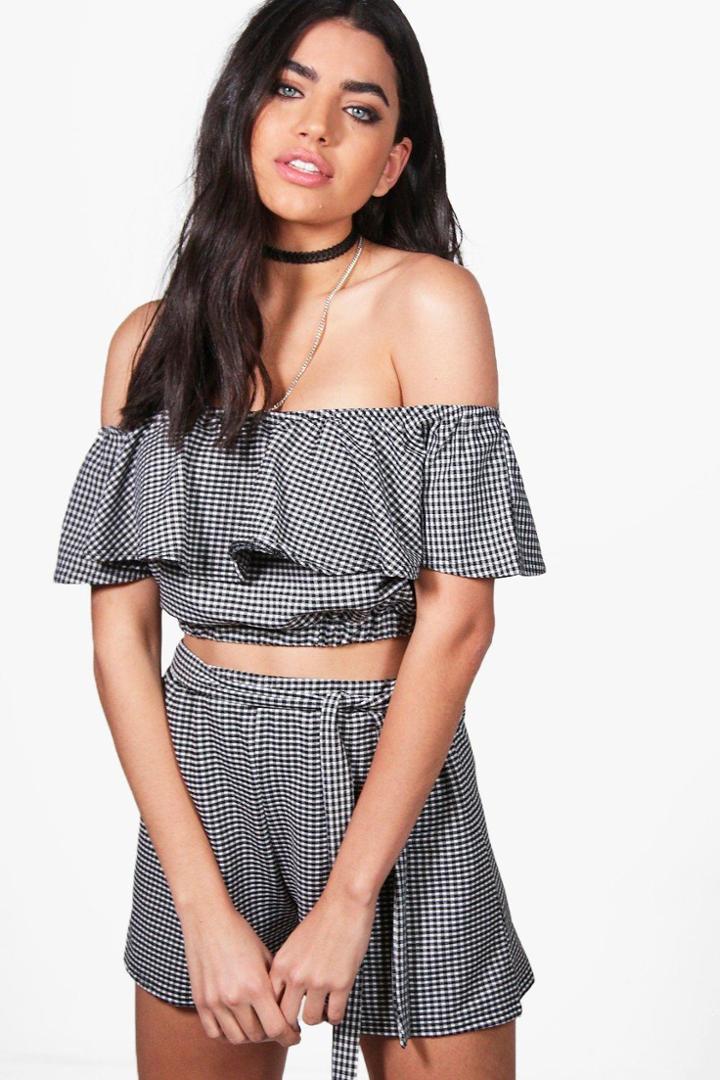 Boohoo Skye Gingham Off Shoulder Crop & Shorts Co-ord Black
