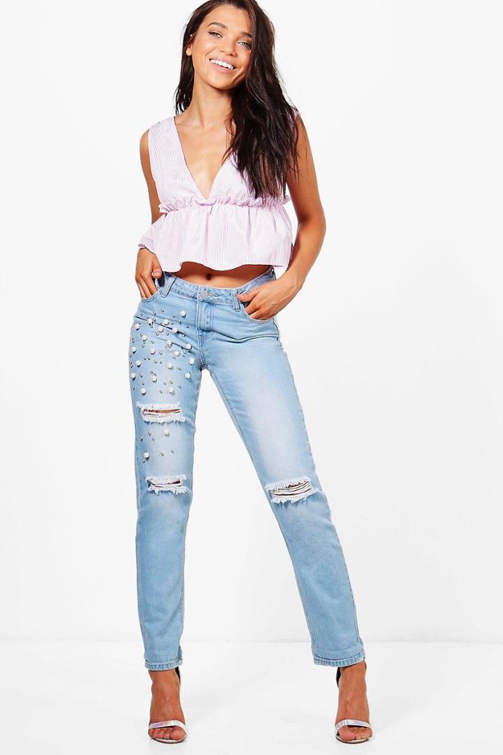 Boohoo Petite Lorna Pearl Stud Boyfriend Jeans Blue
