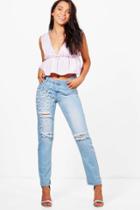 Boohoo Petite Lorna Pearl Stud Boyfriend Jeans Blue