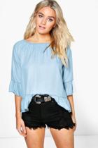 Boohoo Erica Light Wash Denim Ruffle Top Blue