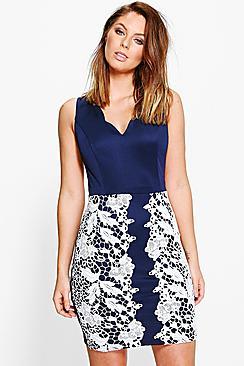 Boohoo Gia Scallop Neck Crochet Panel Bodycon Dress