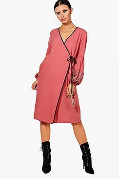 Boohoo Petite Embroidered Puff Sleeve Kimono Dress
