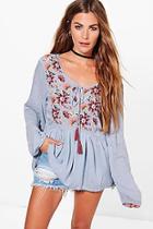 Boohoo Elena Embroidered Tassel Front Blouse