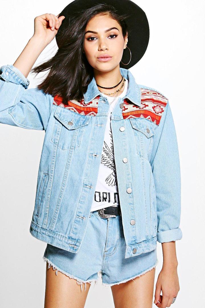 Boohoo Lilly Embellished Oversized Denim Festival Jacket Blue