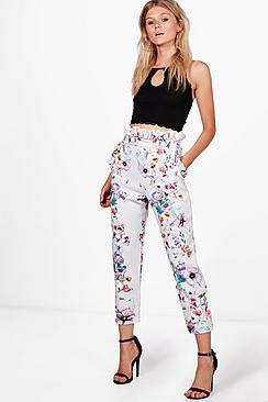 Boohoo Petite Amelia Floral Ruffle Waist Tapered Trouser