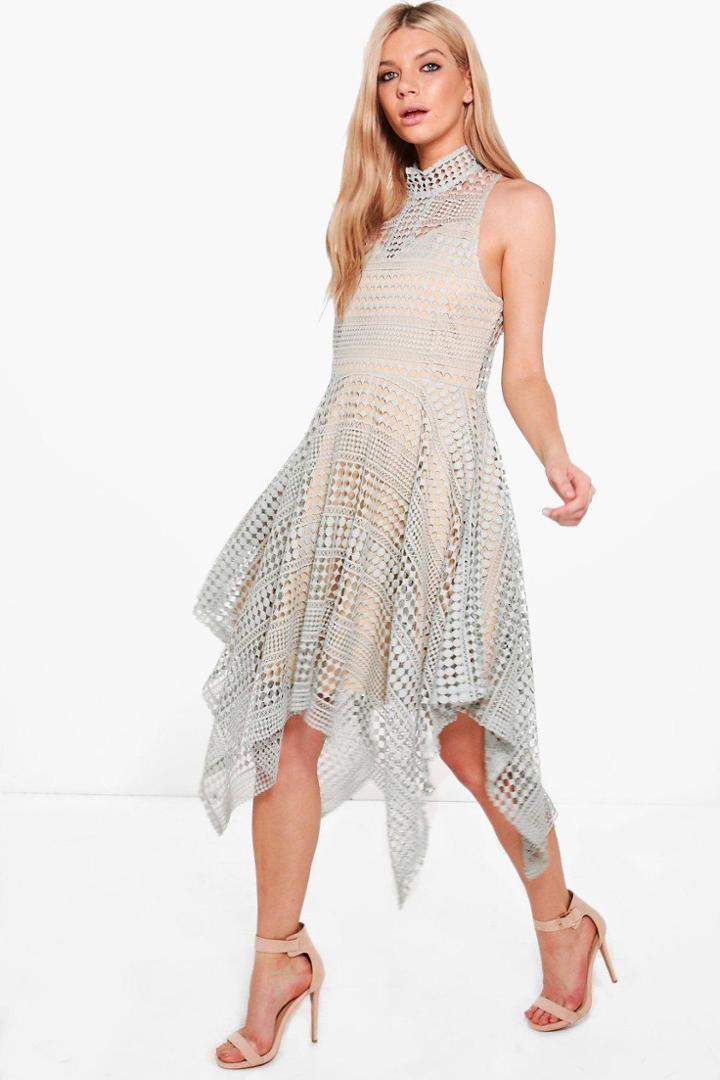 Boohoo Boutique Cleo Crochet Hanky Hem Skater Dress Grey