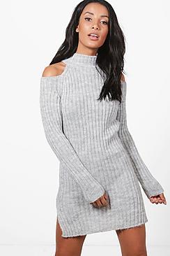 Boohoo Cold Shoulder Rib High Neck Jumper Dress