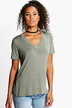 Boohoo Alice Extreme V Neck Front Side Split Tee