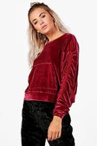 Boohoo Abigail Velvet Ruched Sleeve Crop Sweat