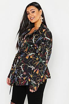 Boohoo Plus Chain Print Wrap Tie Waist Blouse