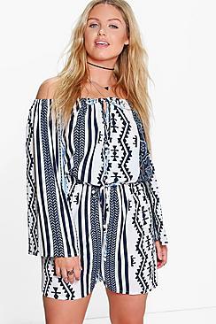 Boohoo Plus Louise Printed Off The Shoulder Playsuit