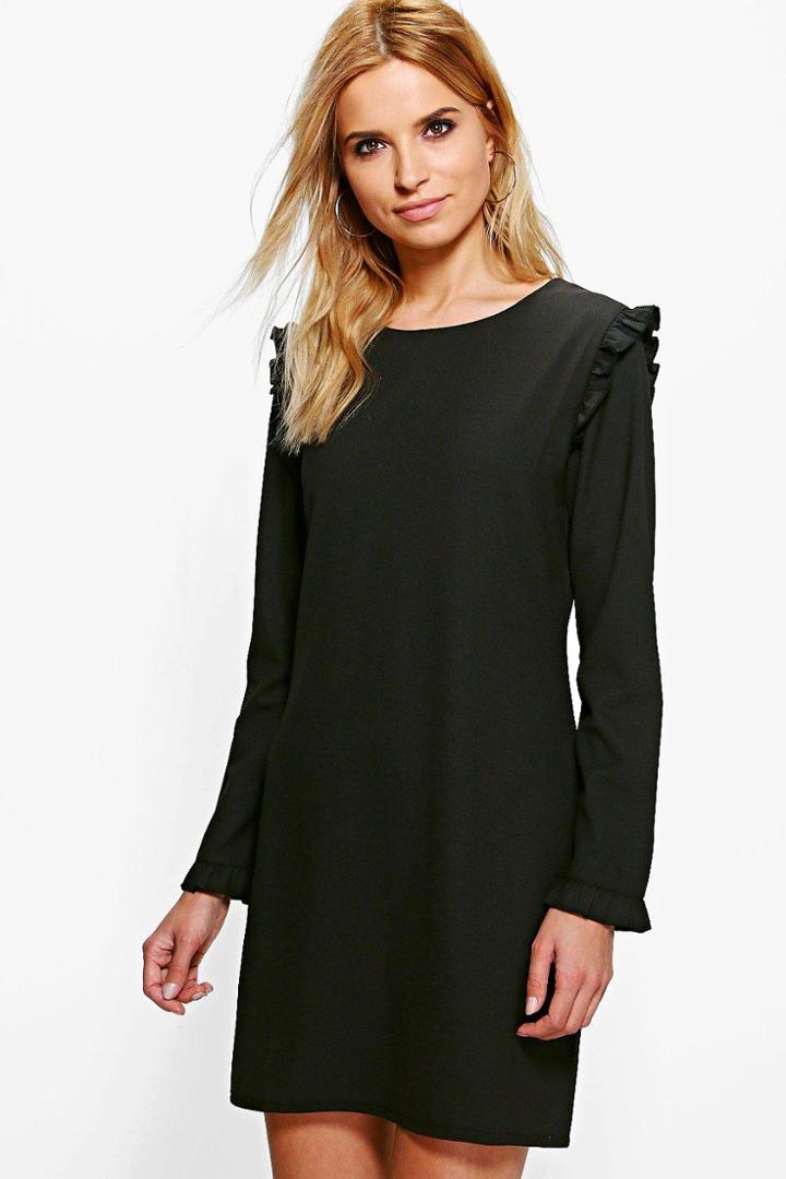 Boohoo Suvi Long Sleeved Ruffle Shift Dress Black