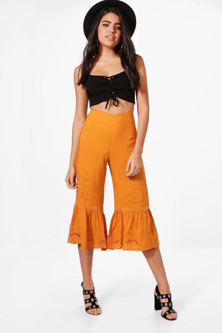 Boohoo Anya Embroidered Ruffle Hem Culottes Ochre