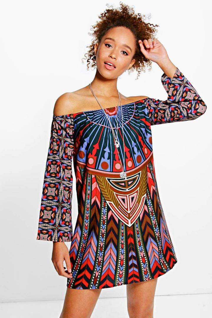 Boohoo Ishanvi Geo Placement Off The Shoulder Shift Dress Multi